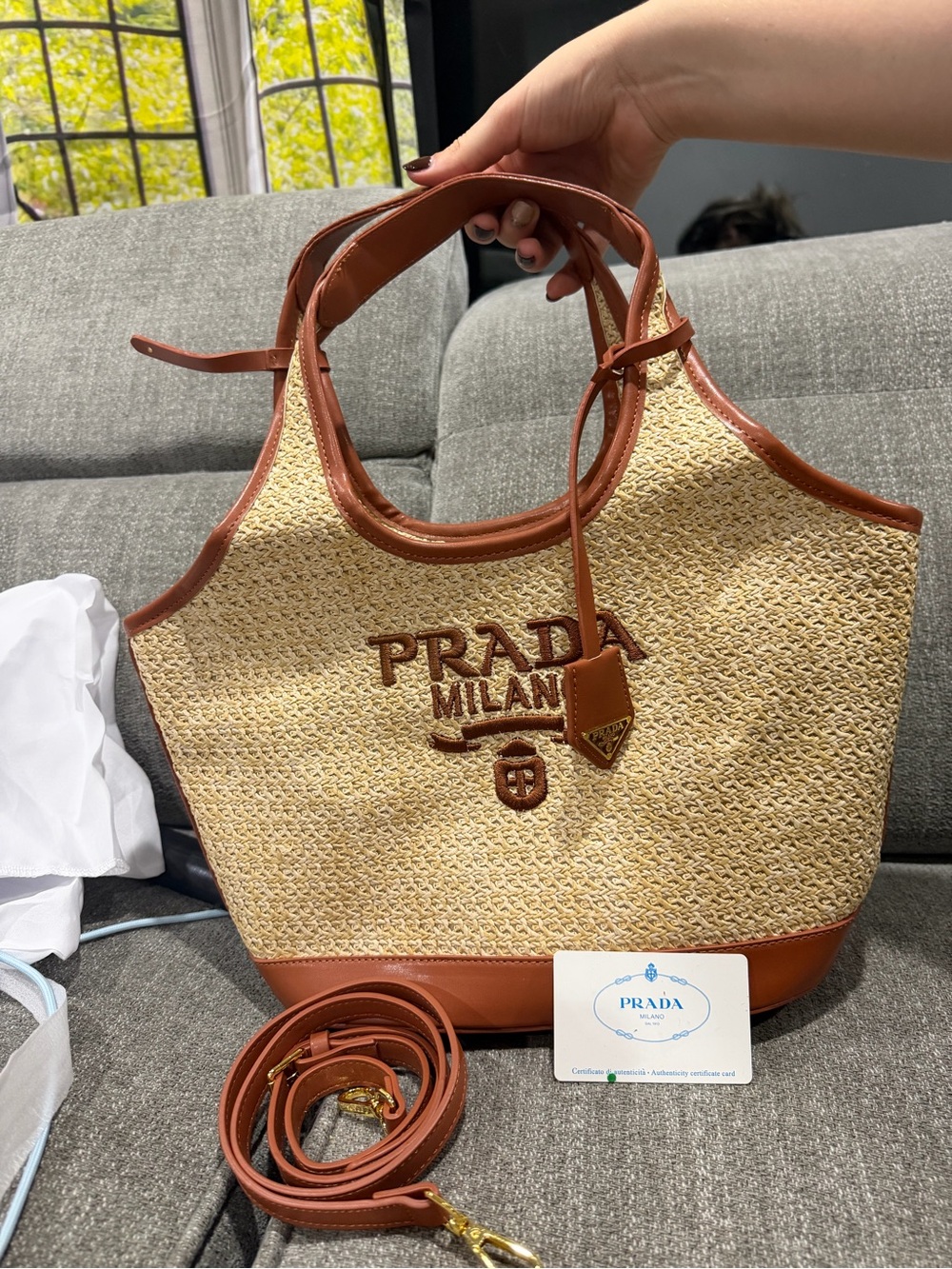 Prada Straw Tote with Brown Leather Trim - Picture 2 of 4